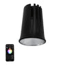 Black LED spotlight with smartphone app control on a white background