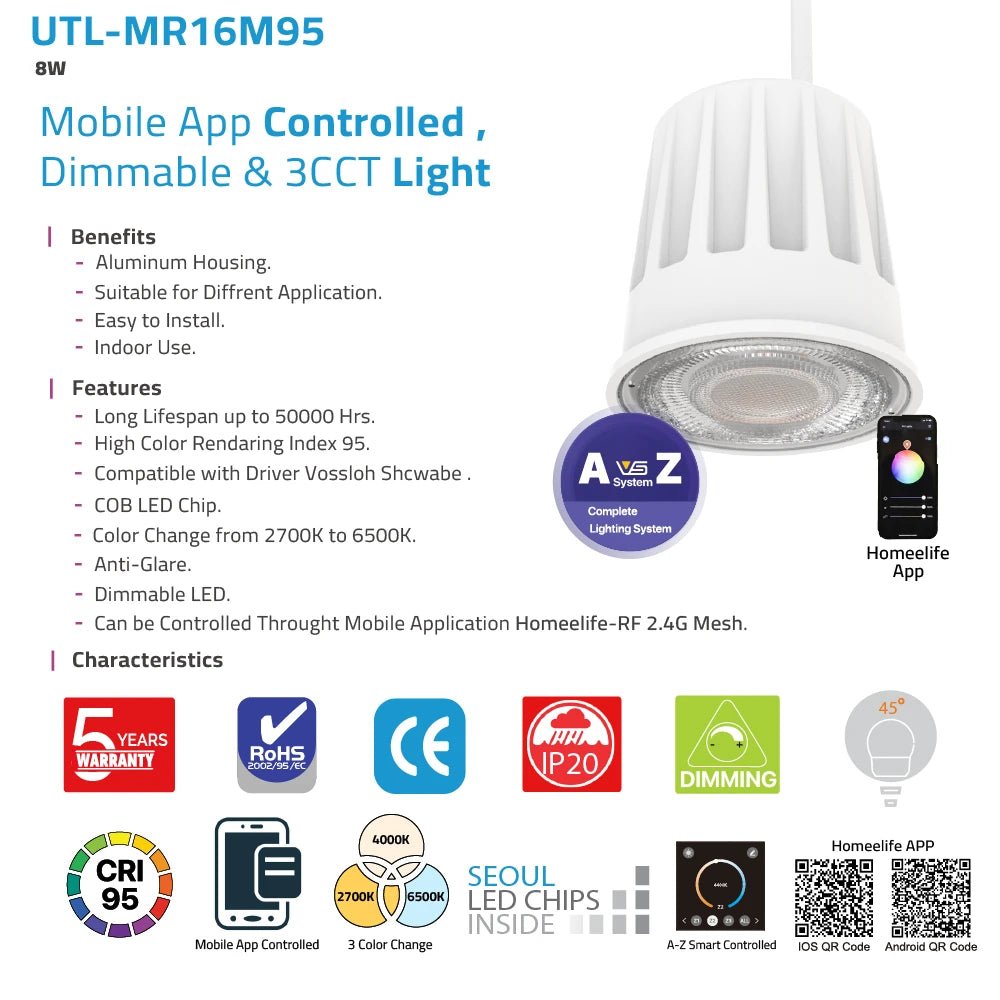 The UTL-MR16M smart LED light offers full control via mobile app with dimming and 3CCT color adjustment (2700K–6500K)