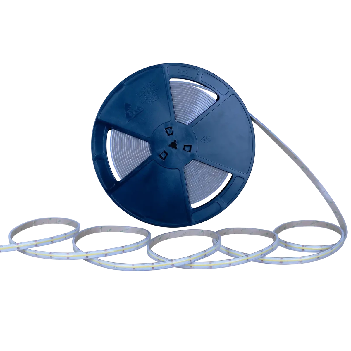 Spool of LED strip light on a white background