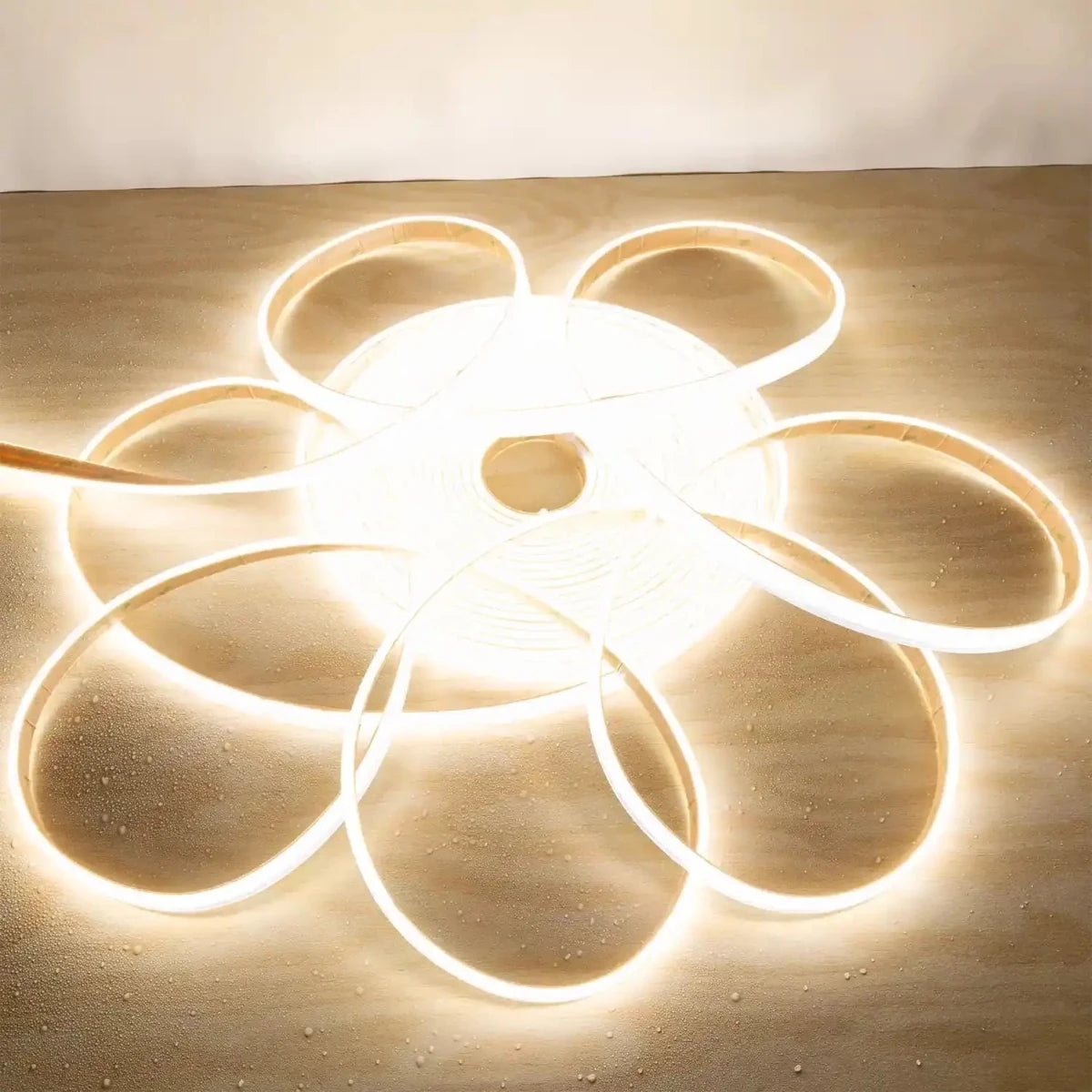 Ceiling light fixture with circular design on a beige background