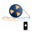 Spool of LED strip light with smartphone displaying color selection app on a white background