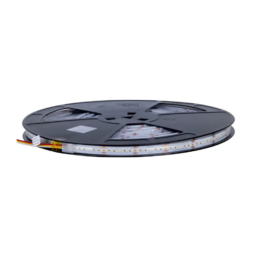 Spool of LED strip light on a white background