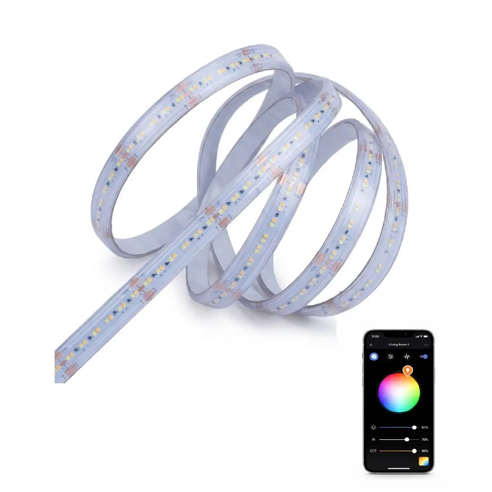 LED strip light with smartphone displaying color selection app on a white background