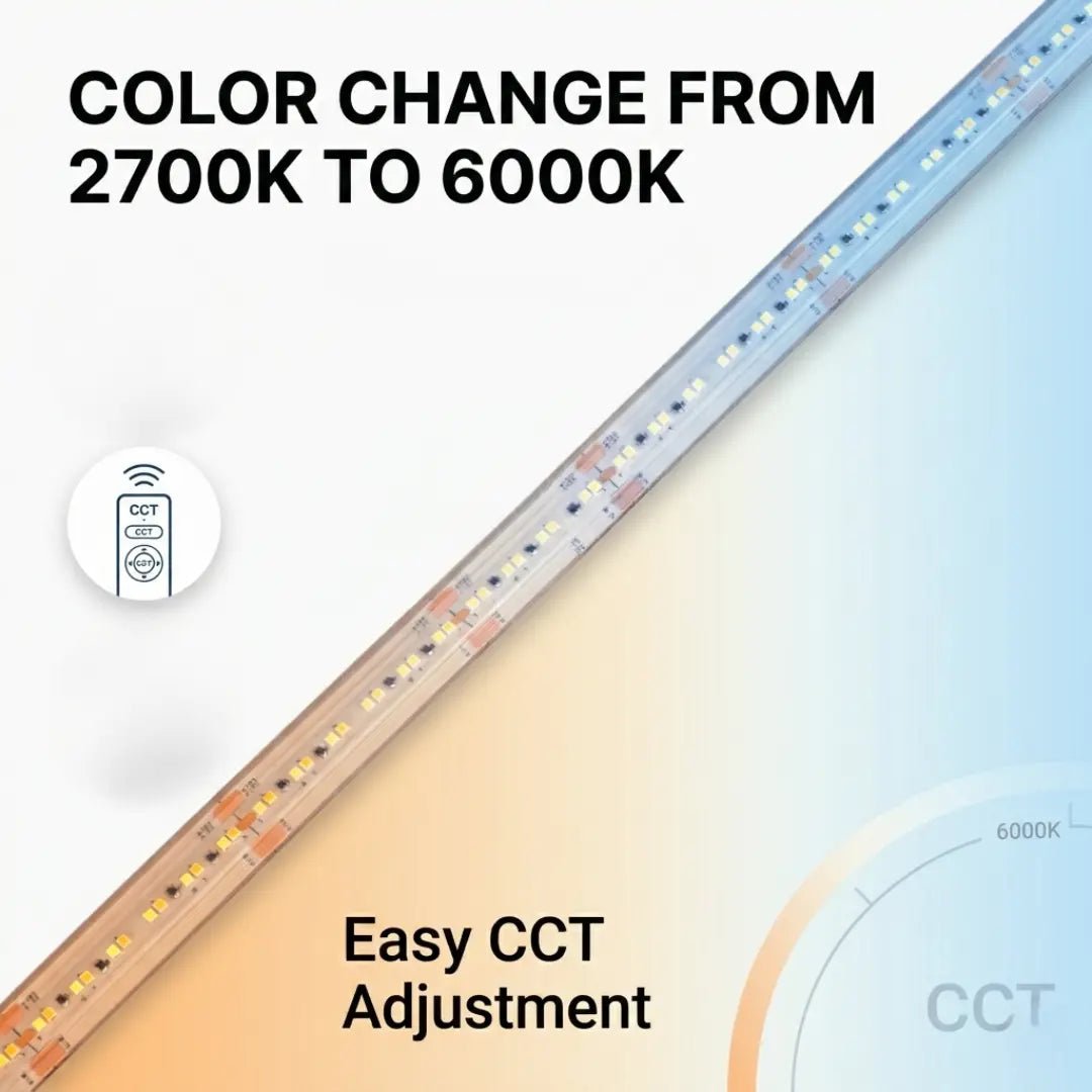 LED strip light with color temperature change from 2700K to 6000K on a gradient background.