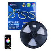 LED strip light with packaging, spool, and smartphone app on a white background