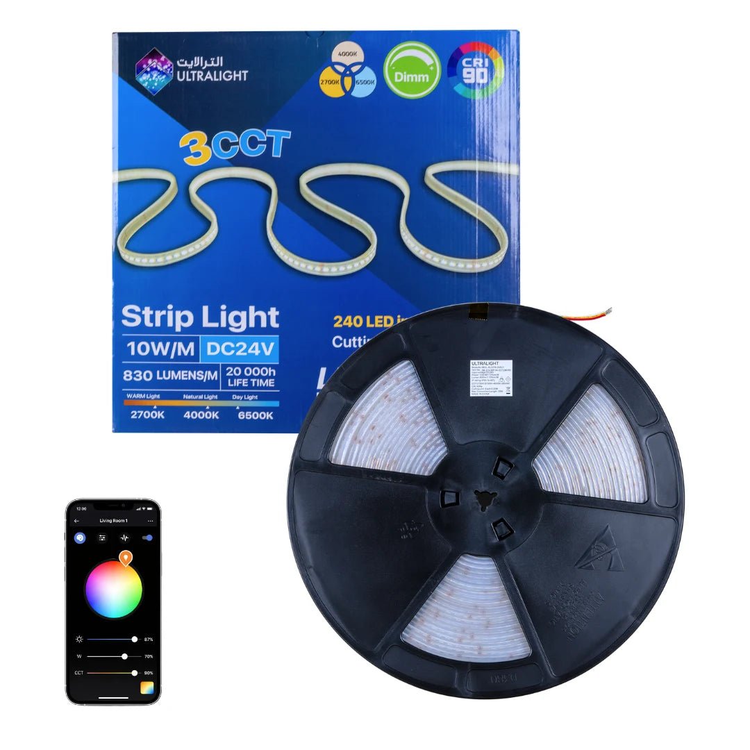 LED strip light with packaging, spool, and smartphone app on a white background