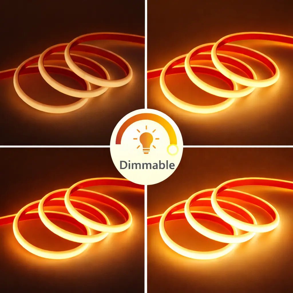 Four views of orange LED strip lights with a central 'Dimmable' label.