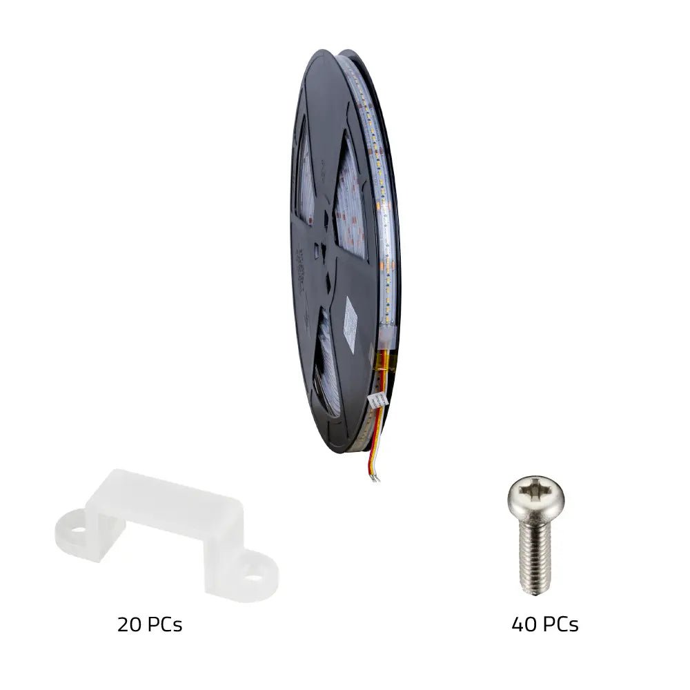 Roll of LED strip light with mounting bracket and screw on a white background