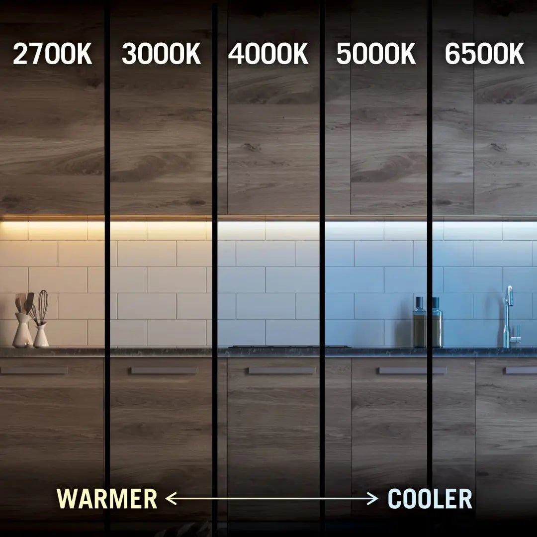 Color temperature chart for kitchen cabinets with different light colors.