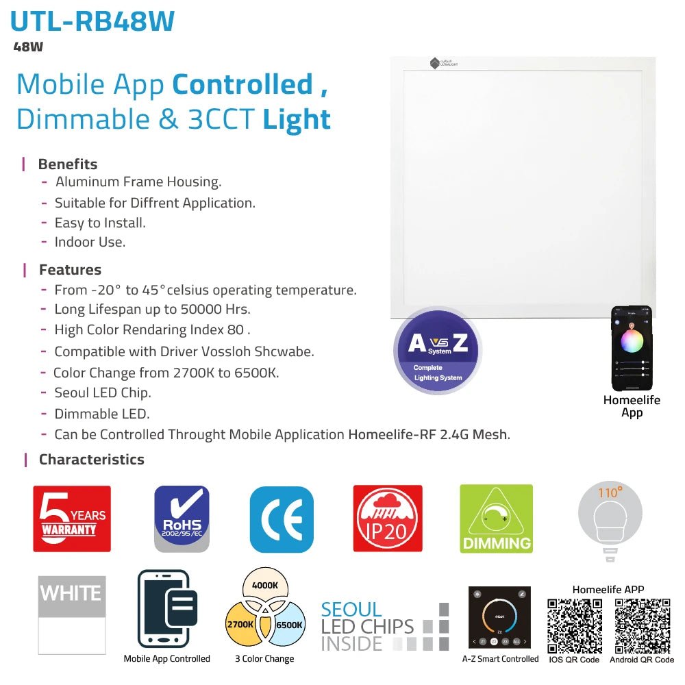 Smart Panel Light 60*60cm 24V 48W & Mobile App Controlled (UTL-RB48W)