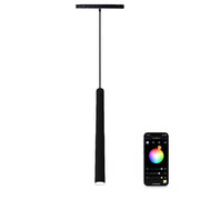 Black pendant light with smartphone displaying color selection app on a white background