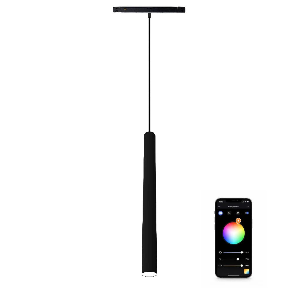 Black pendant light with smartphone displaying color selection app on a white background