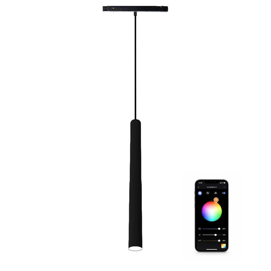 Black pendant light with smartphone displaying color selection app on a white background