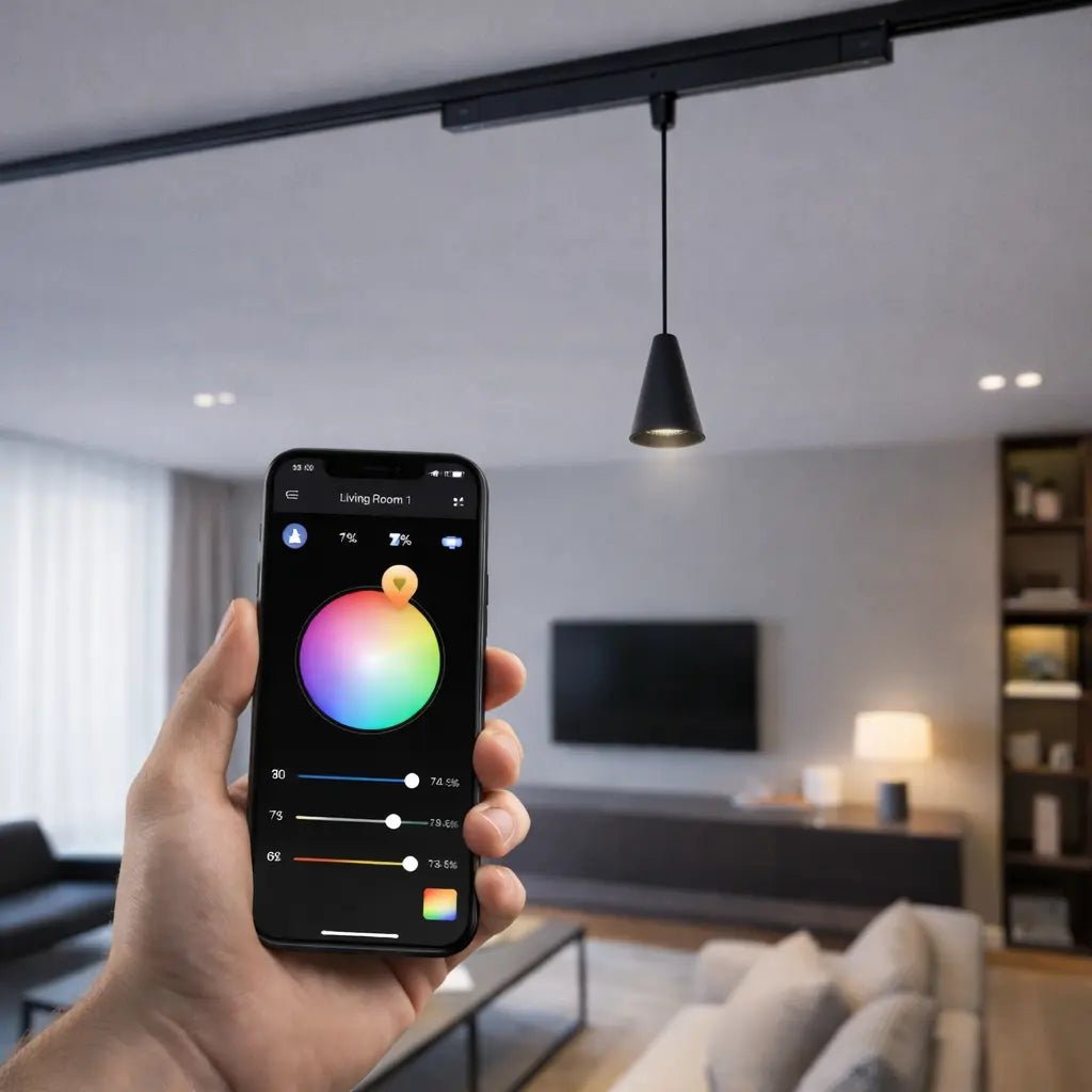 Hand holding a smartphone with a lighting control app in a modern living room.