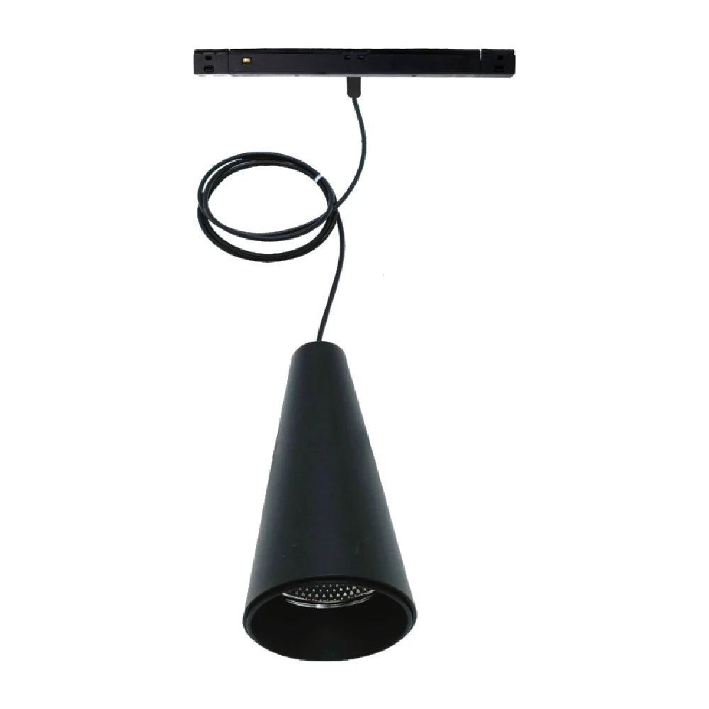Black pendant light with cone-shaped shade on a white background