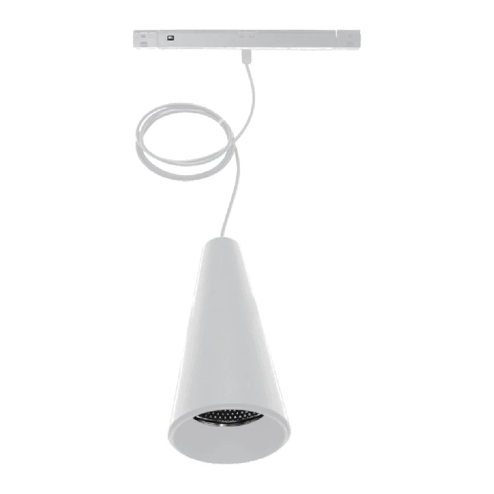 White pendant light with cone-shaped shade on a white background