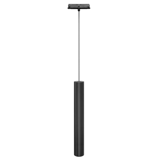 Black cylindrical hanging light fixture on a white background