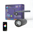 Dimmable track light with packaging and smartphone app on a white background