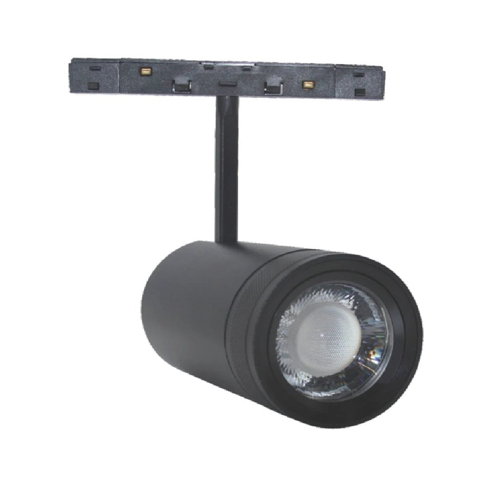 Black track light fixture on a white background