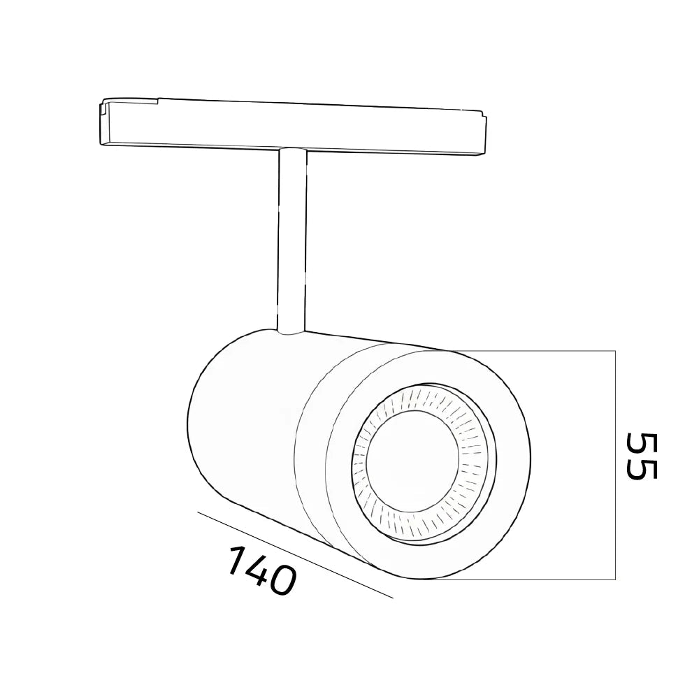 Technical drawing of a cylindrical light fixture with dimensions labeled