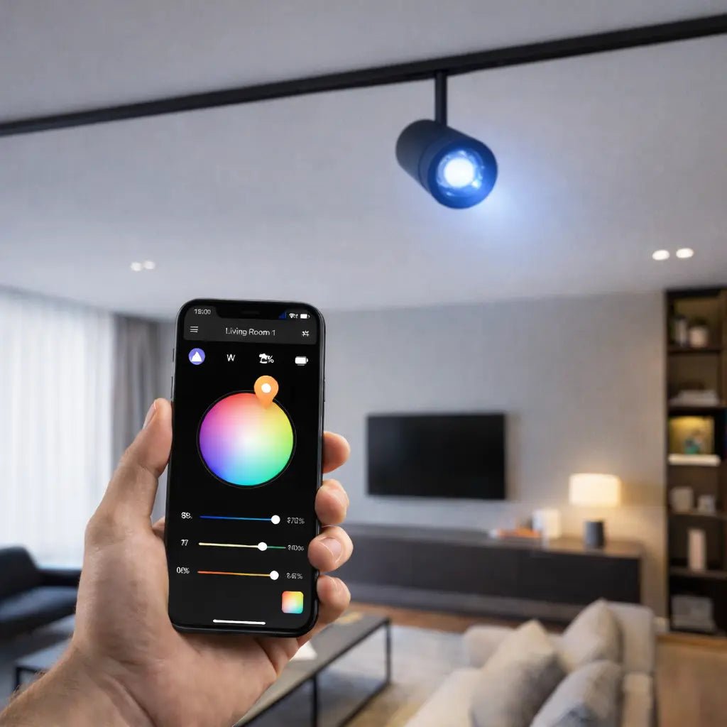 Hand holding a smartphone with app interface over a living room with a smart light fixture.