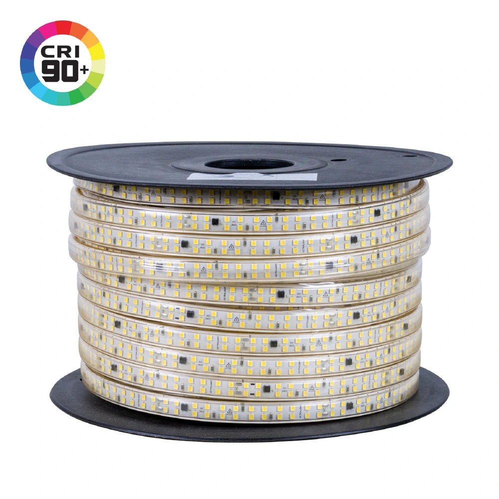 Spool of LED strip light with CRI 90+ logo on a white background