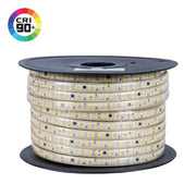 Spool of LED strip light with CRI 90+ logo on a white background