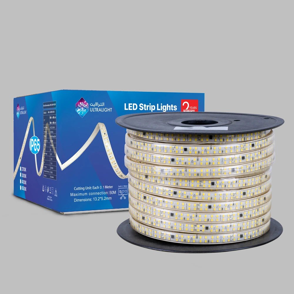 Spool of LED strip lights with packaging on a gray background