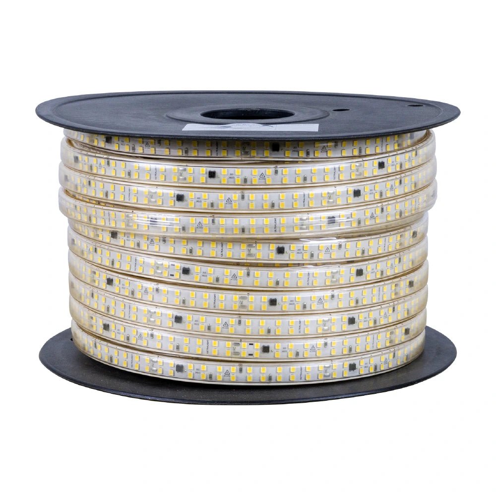 Spool of LED strip light on a white background