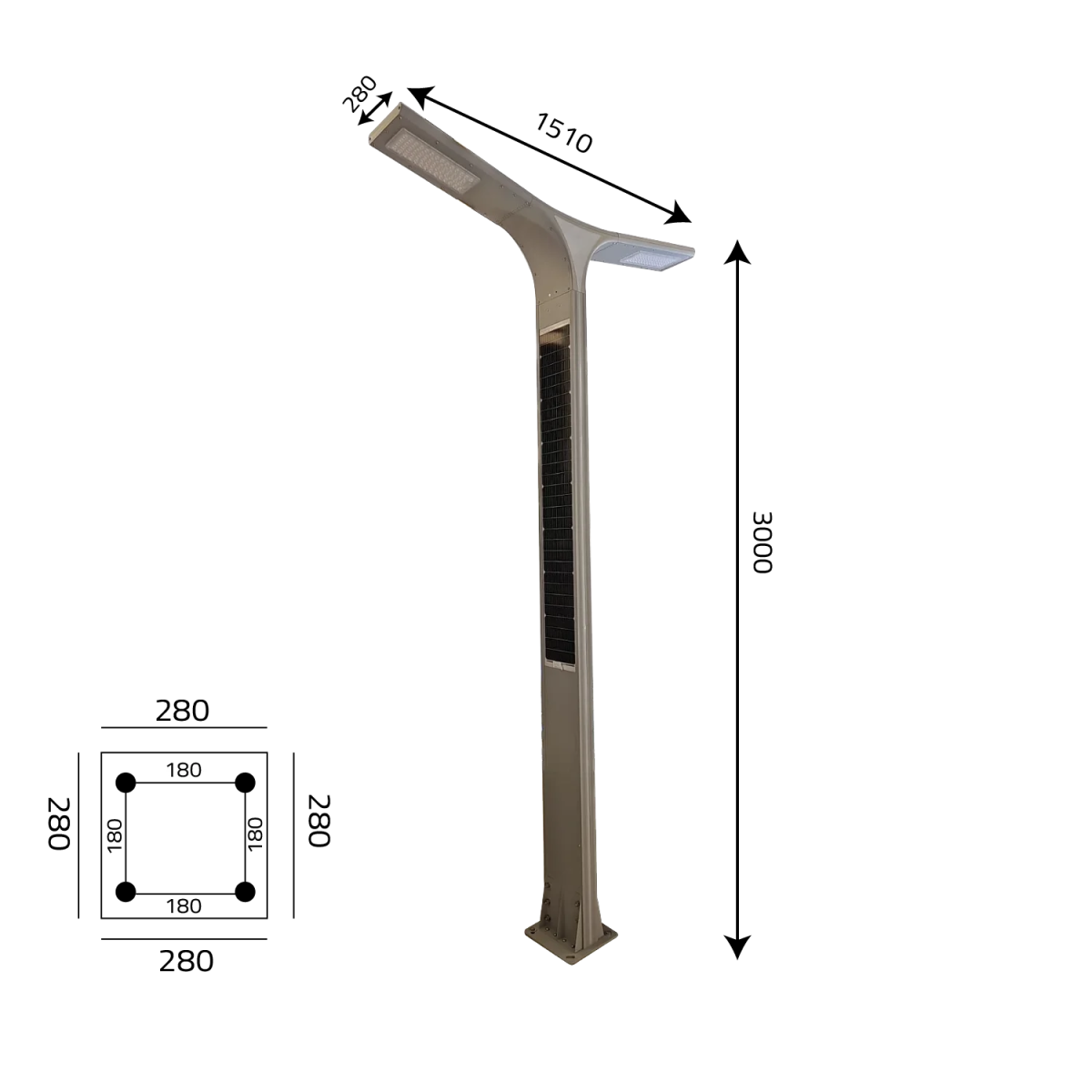 Solar Pole Light 30W IP65 (TY01) Dual-Head Outdoor LED Light with 160W Solar Panel & 3M Height