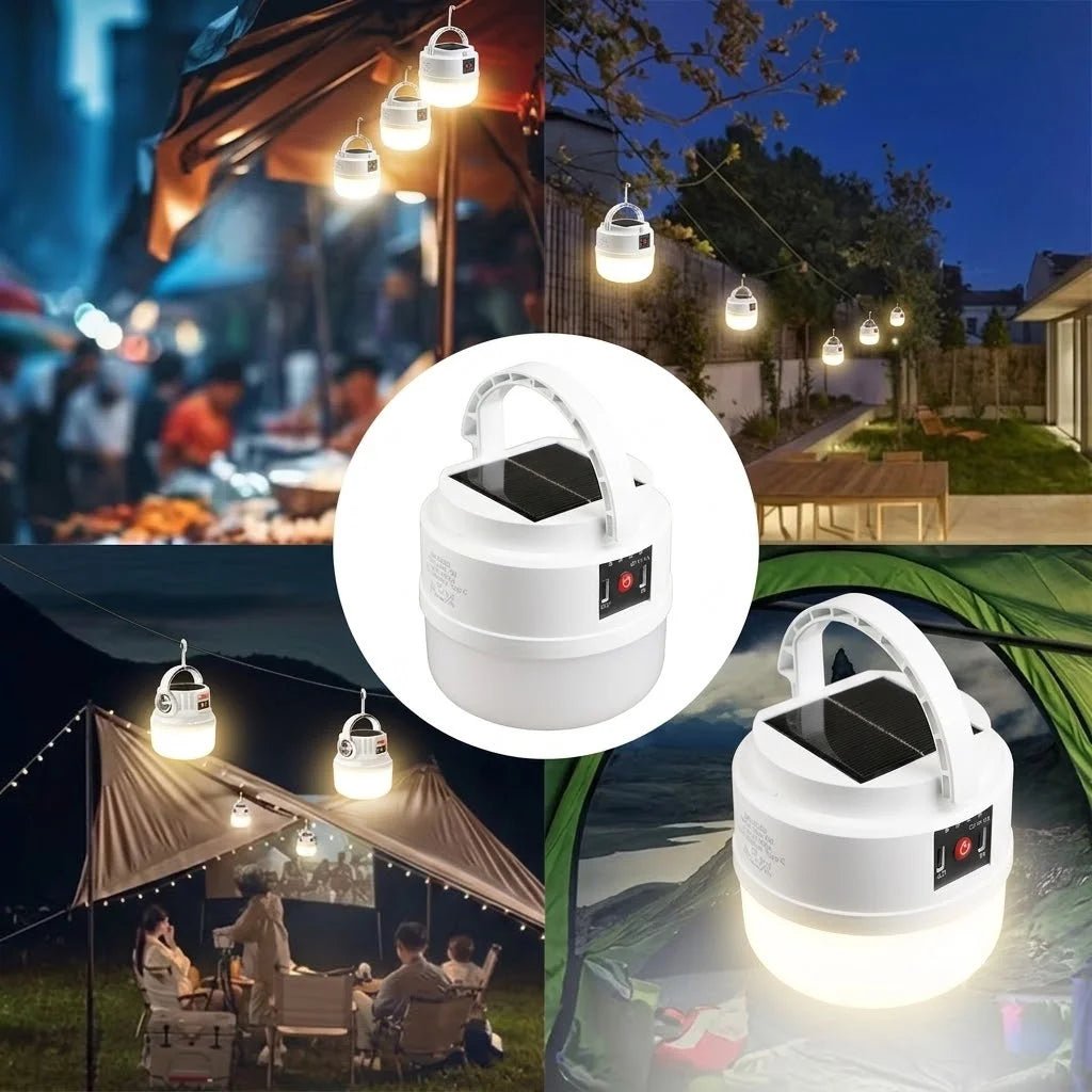 Collage of outdoor settings with hanging lights and a central focus on a white portable light source.
