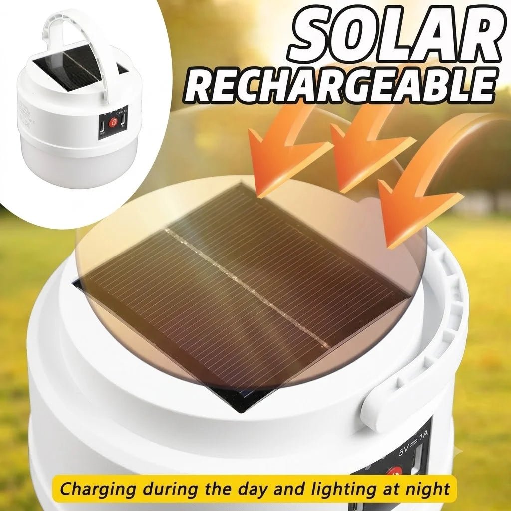 Solar rechargeable device with solar panel on top, charging during the day and lighting at night.