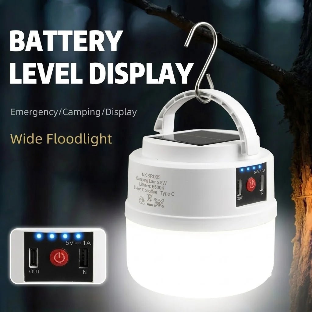 White wide floodlight with battery level display and hanger, shown outdoors.