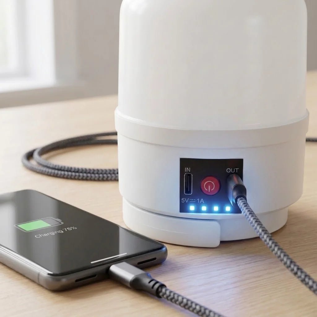 White portable power station charging a smartphone on a wooden surface.