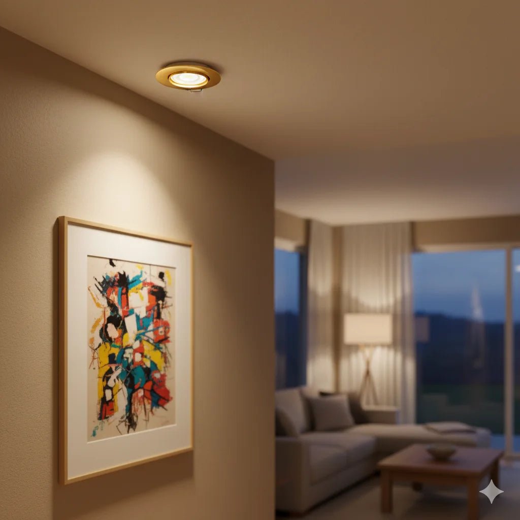 Framed abstract artwork on a wall in a living room with a blurred background