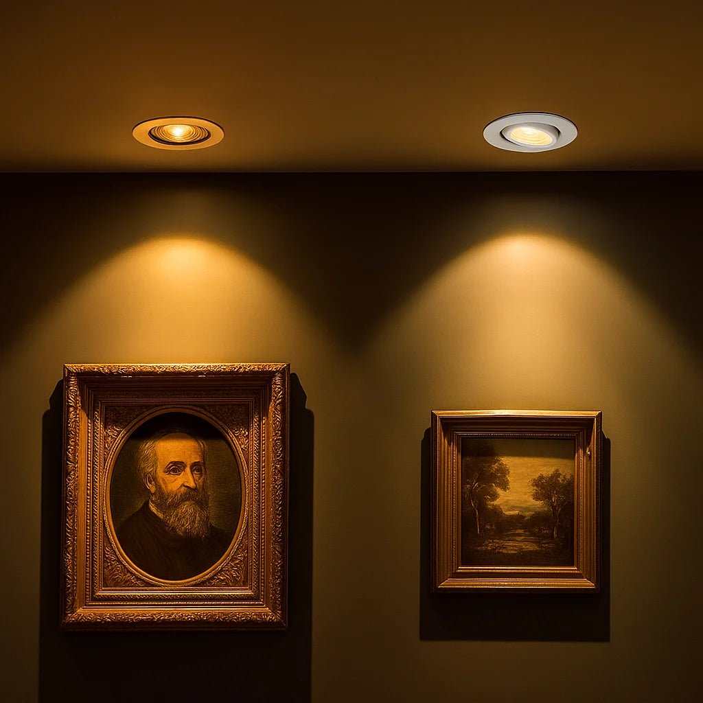 Two framed paintings on a wall with warm lighting