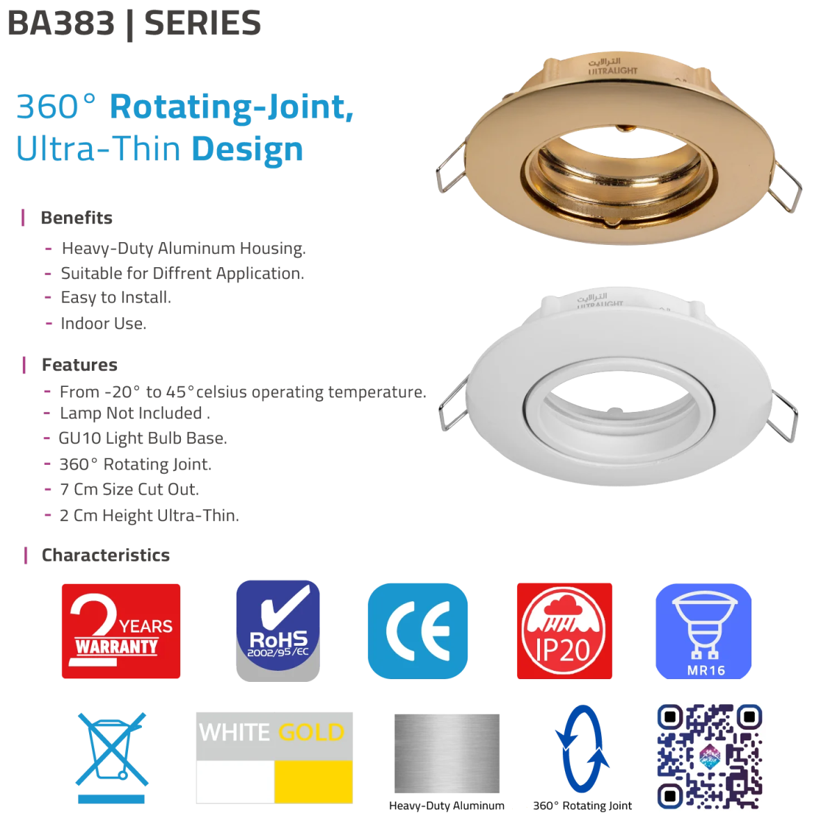 Gold and white recessed lighting fixtures with product details on a white background