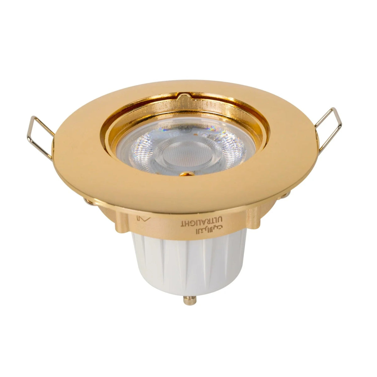 Gold LED downlight on a white background