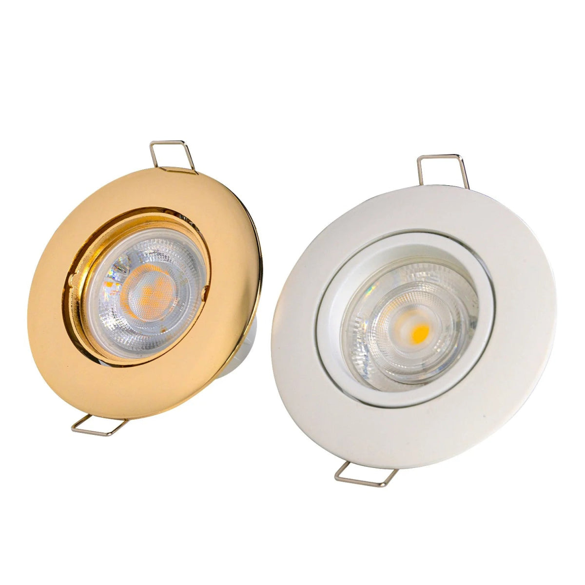 Gold and white round recessed lights on a white background