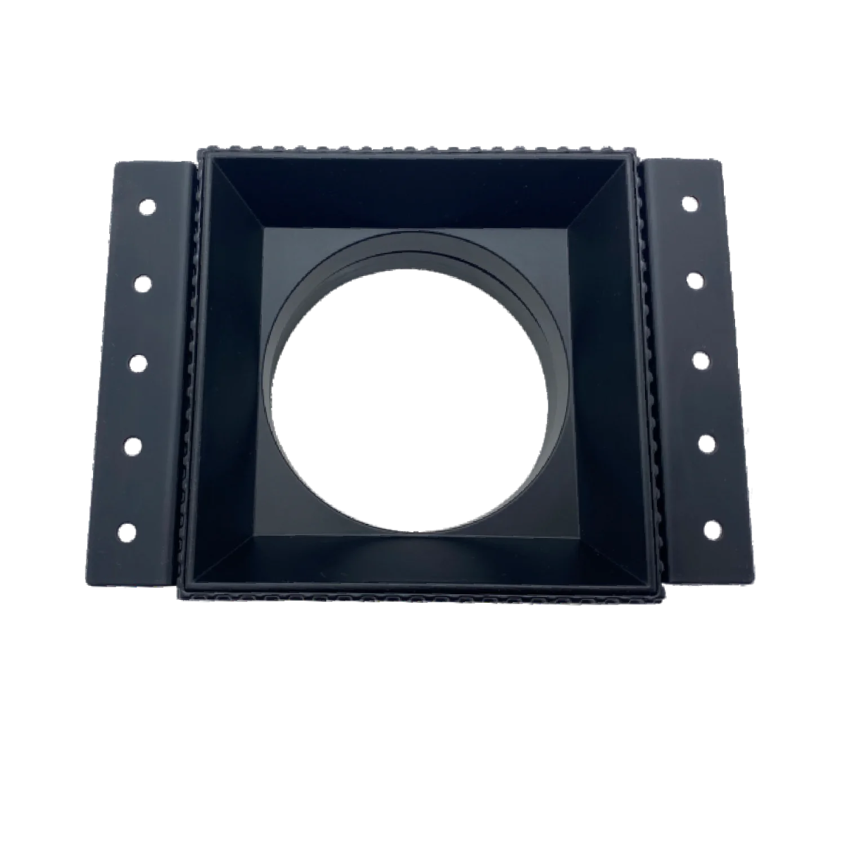 Black square frame with circular cutout on a white background