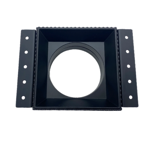 Black square frame with circular cutout on a white background