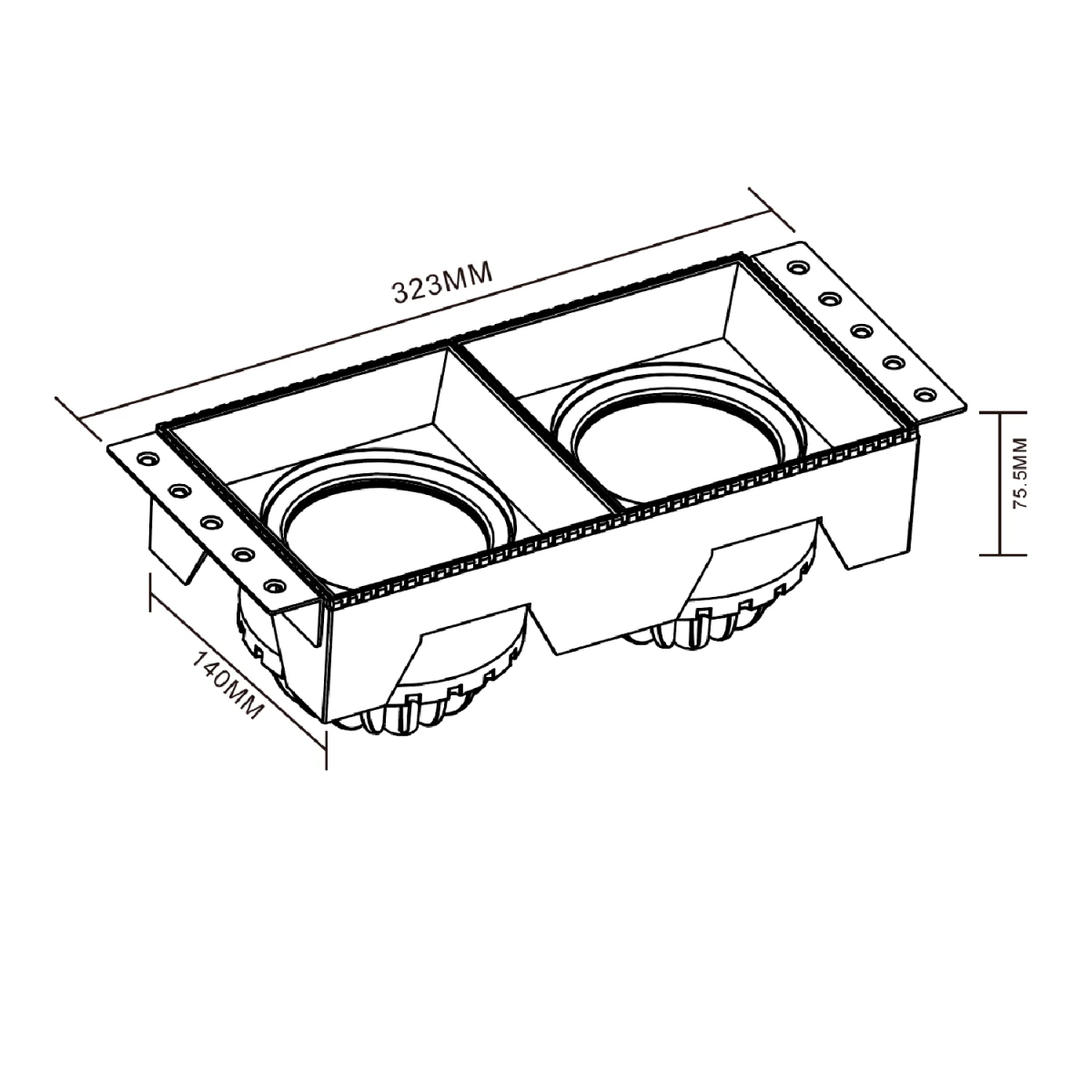 Technical drawing of a double recessed light fixture with dimensions