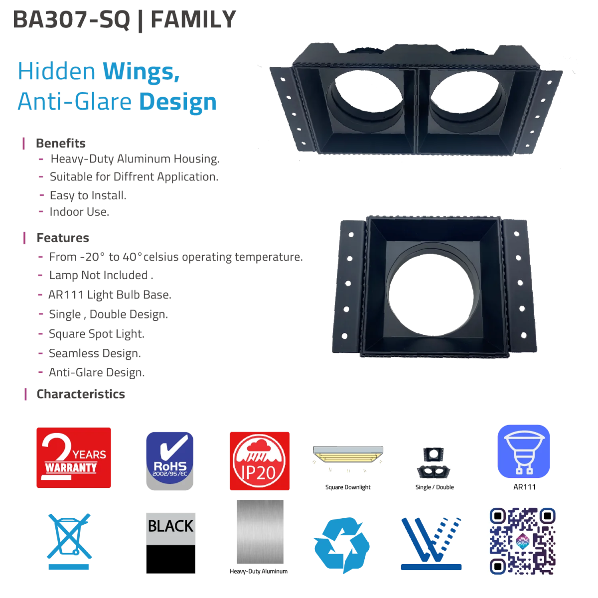 Product details of a lighting fixture with features and specifications on a white background