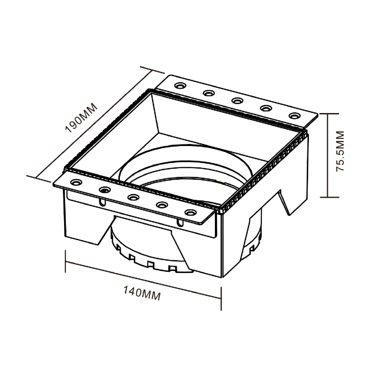 Technical drawing of a rectangular metal component with dimensions labeled