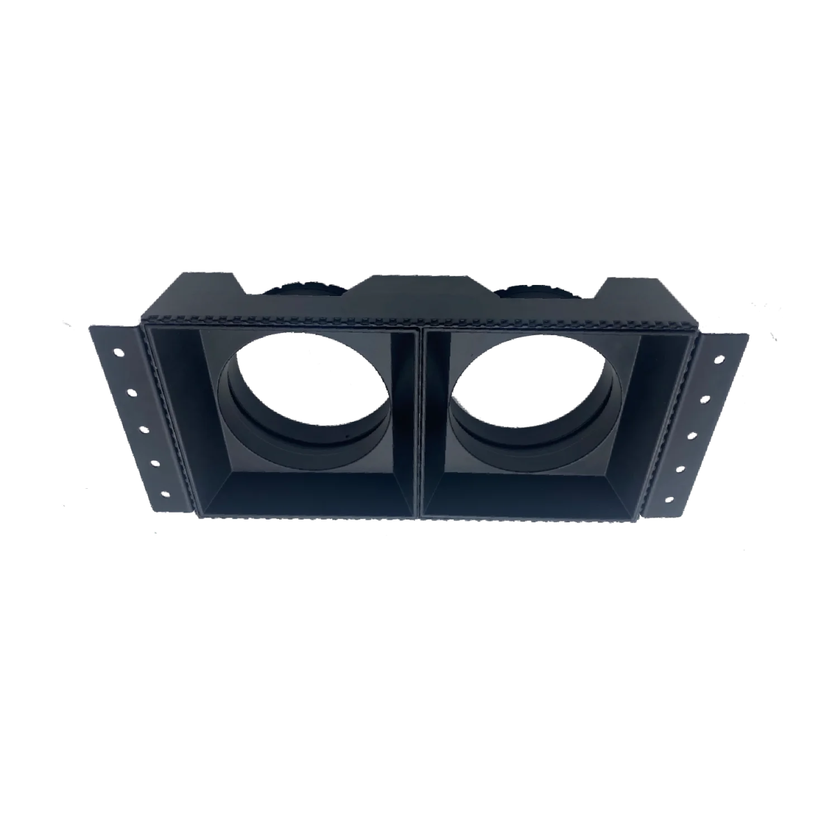 Black metal bracket with two circular holes on a white background