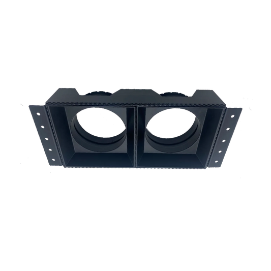 Black metal bracket with two circular holes on a white background