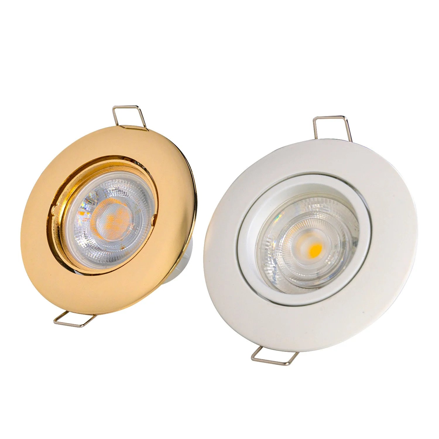 Gold and white round recessed lights on a white background