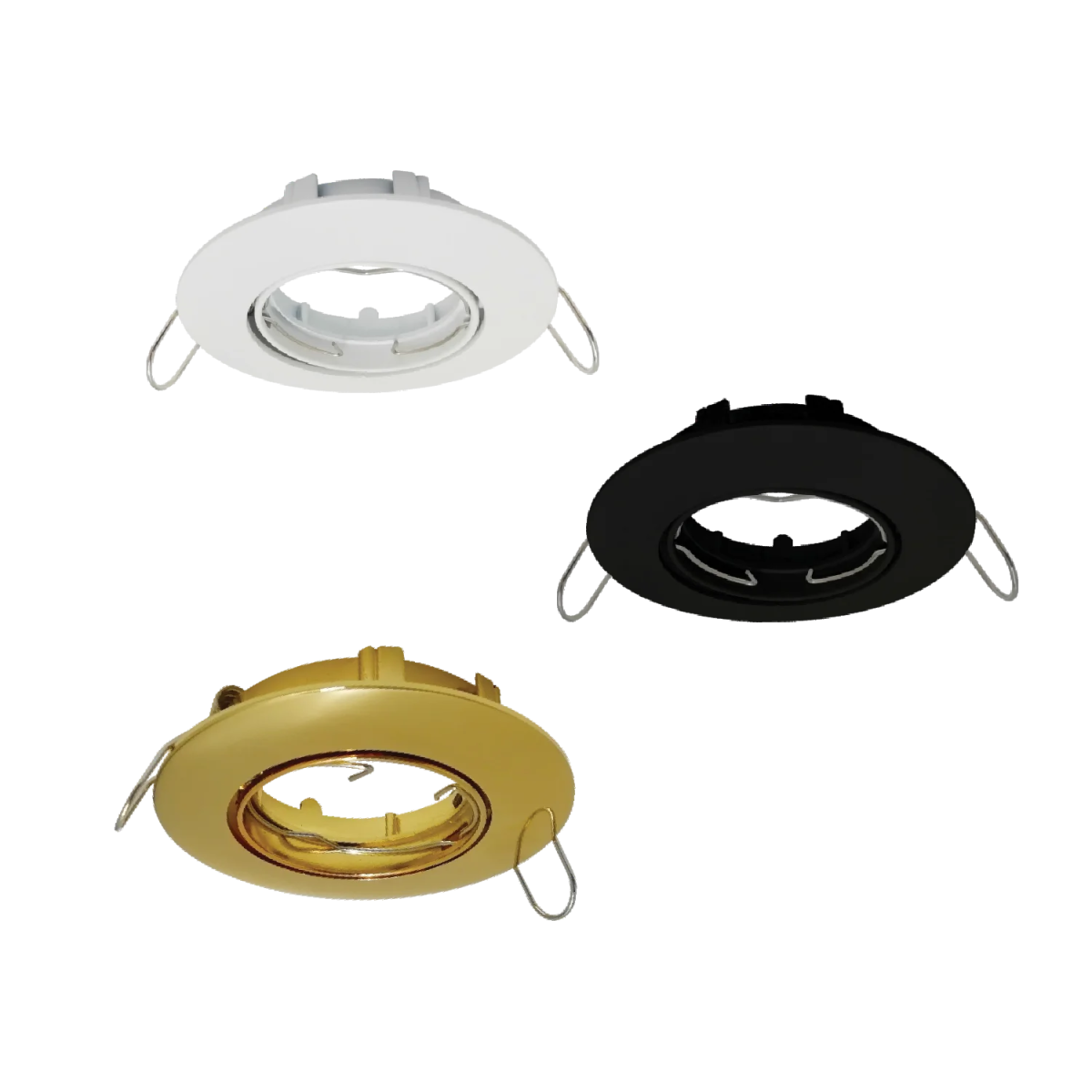 Three recessed lighting fixtures in white, black, and gold on a white background