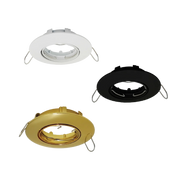 Three recessed lighting fixtures in white, black, and gold on a white background