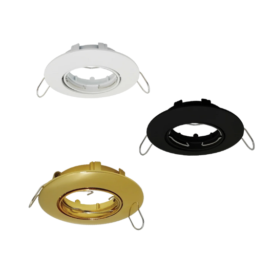 Three recessed lighting fixtures in white, black, and gold on a white background